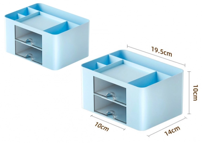 Organizer für den Tisch mit blauen Schubladen