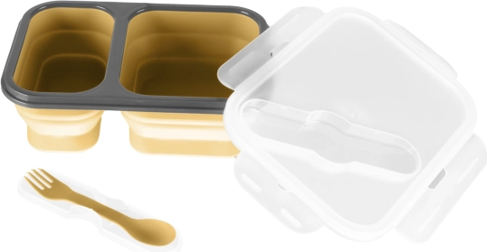 Siliconen lunchbox met bestek groot, Mosterdgeel
