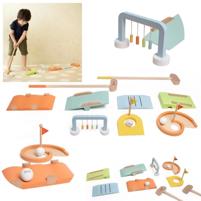 Ensemble de golf en bois avec divers obstacles