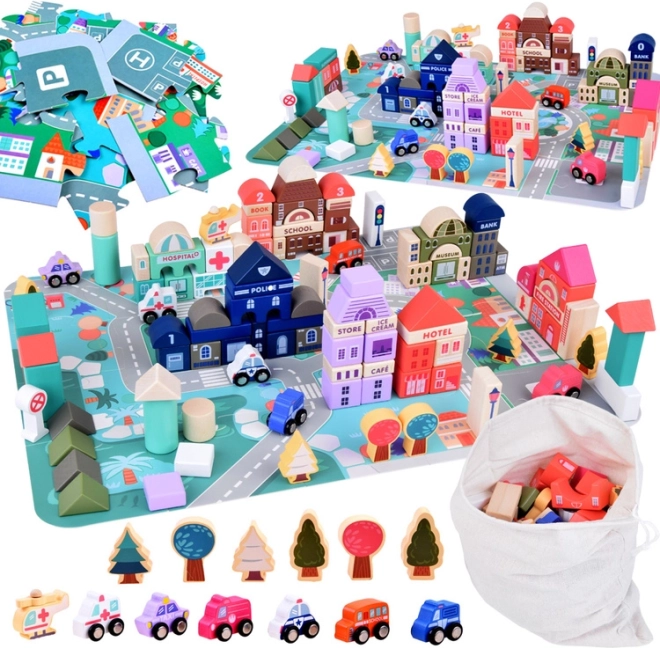 Pastel Wooden Set City with Puzzle Play Mat