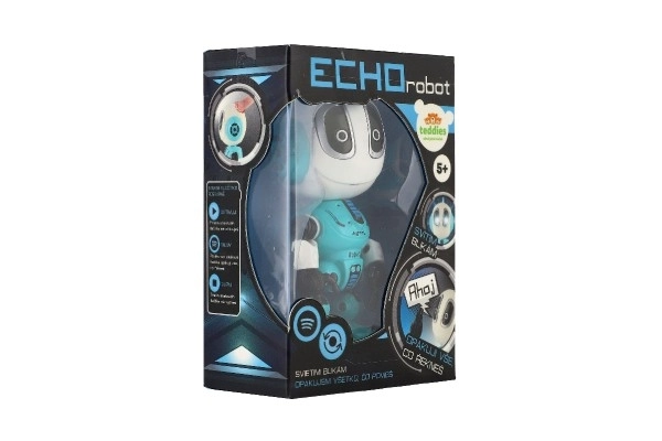 Robot ECHO herhaalt zinnen metalen 12cm blauw op batterijen met geluid en licht in doosje 10,5x15x5,5cm