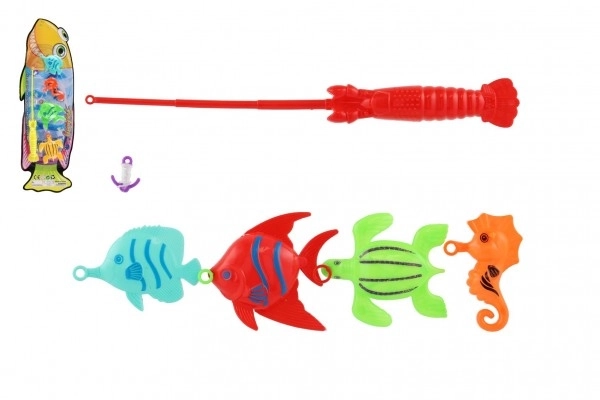Visspel/visser met hengel 26cm plastic 5 kleuren op kaart 15,5x49x2cm