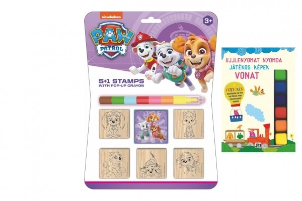 Stempels 5+1 met houten kussen 5x5cm met waskrijt Paw Patrol op kaart
