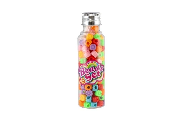 Kralen met koord plastic mix kleuren in plastic doosje 3,5x12,5cm