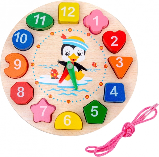 Wooden Educational Montessori Clock for Children with Threadable Blocks