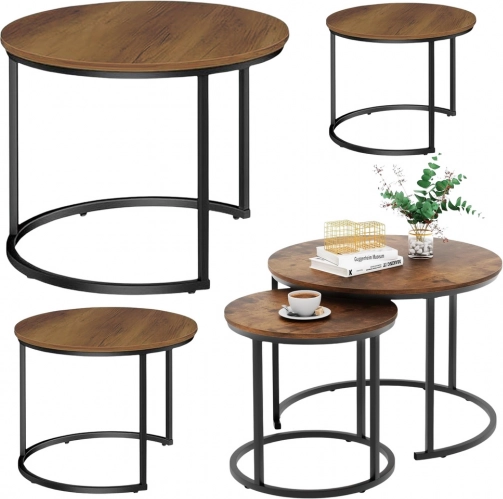 Set van 3 ronde salontafels 3-in-1 van natuurhout