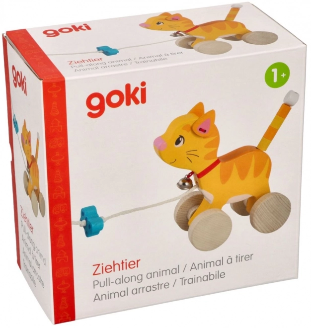 Houten trekkende speelgoedkat