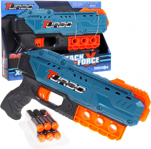 Kinderpistole Turbo blau 8+ mit 6 weichen Geschossen und Handladung