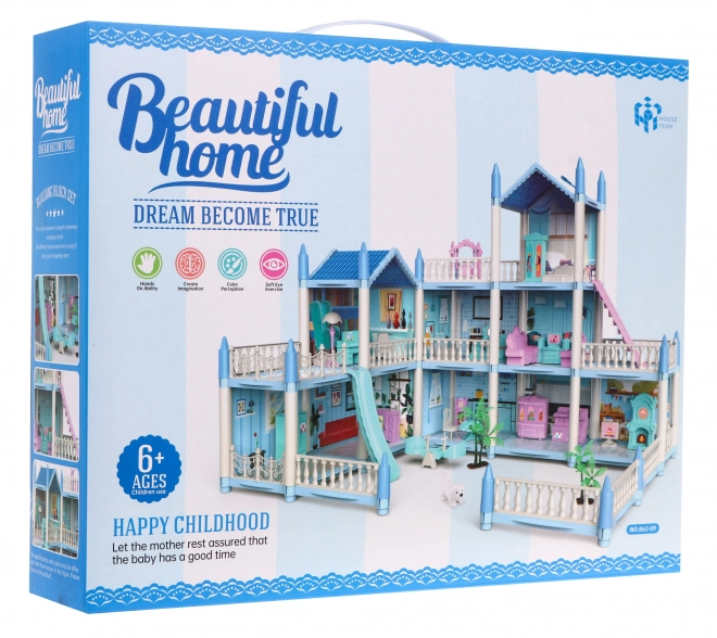 Drie verdiepingen tellend poppenhuis Cadeau voor meisjes 6+ Blauwe villa met accessoires