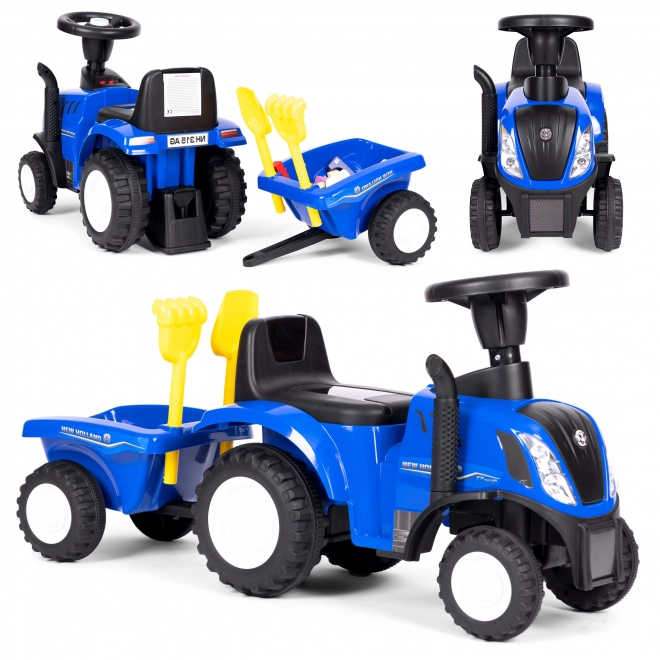 Kindertrekker met aanhangwagen, interactieve stuur, geluiden, blauwe kleur
