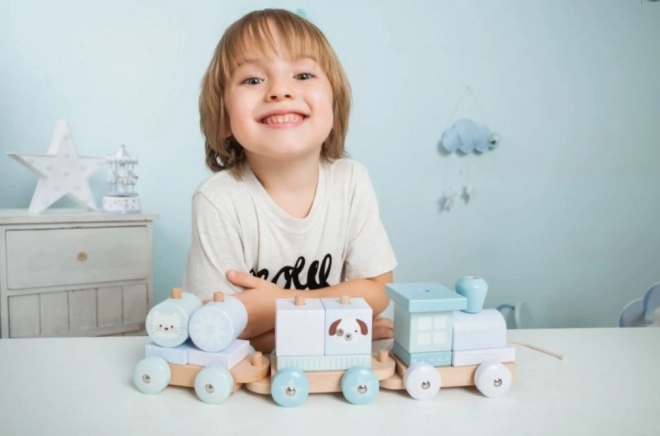 Pastelkleurige houten treinspeelblokken met dieren