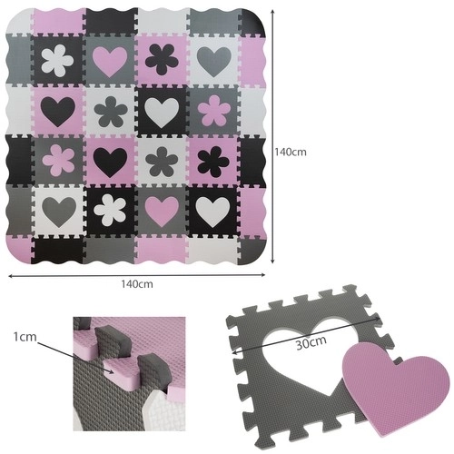 Contrasterende roze schuimpuzzel met hartjes en bloemetjes