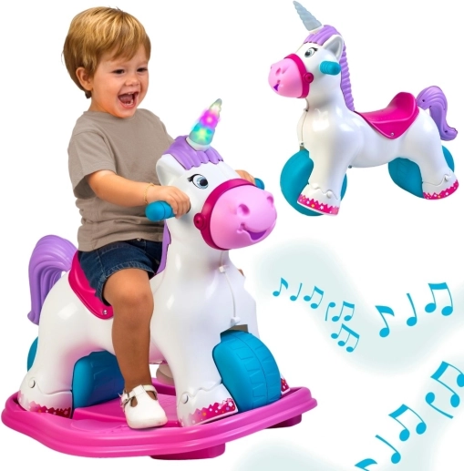 FEBER interactieve schommelende eenhoorn 2-in-1 – loopfiets voor kinderen met licht en geluid