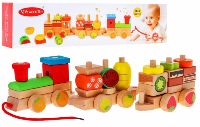 Houten locomotief met drie treinwagons voor kinderen 3+ Sensorisch speelgoed + 27 blokken
