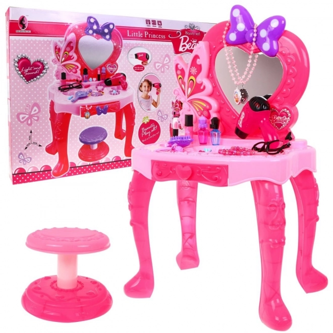 Roze kaptafel met spiegel en stoeltje + stylingaccessoires en föhn