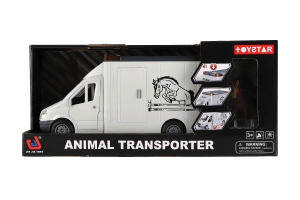 Auto transporteur dieren plastic 28cm met paarden op vliegwiel met licht met geluid grijs in doos 39x18cm