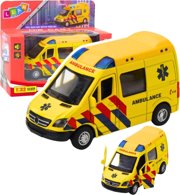 Metal ambulance 1:32 with pull-back drive, lights and sounds – yellow