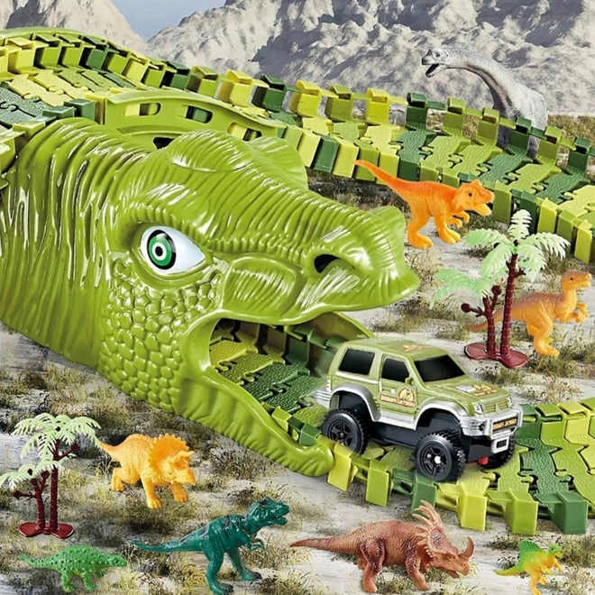 Piste de course de dinosaures avec petite voiture et figurines
