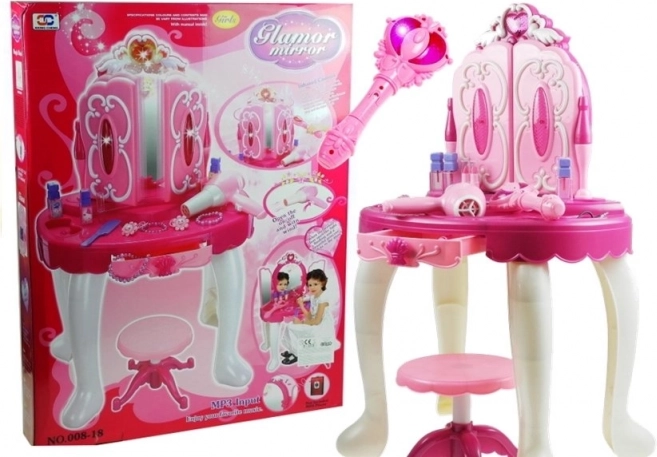 coiffeuse magique pour enfants avec baguette rose et accessoires