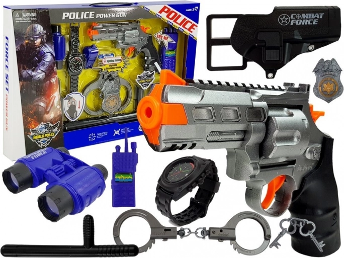 Polizei-Set für Kinder – Pistole mit Licht und Sound, Handschellen, Fernglas, Walkie-Talkie, Abzeichen und Zubehör
