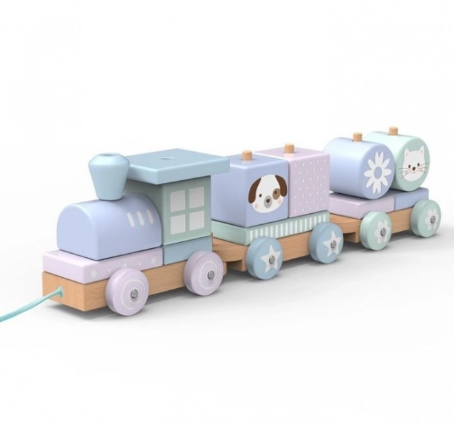 Pastelkleurige houten treinspeelblokken met dieren