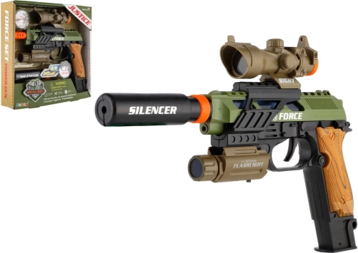 Pistolet en plastique avec accessoires fonctionnant sur piles avec son et lumière