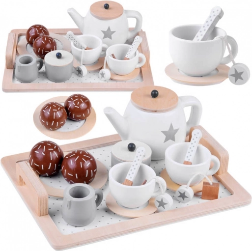 Holz-Teeset mit Sternchen, beige-weiß, auf Tablett