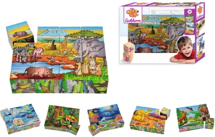 Houten kubuspuzzel EICHHORN, 12 blokken, 6 motieven
