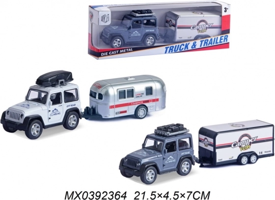 Terrein-jeep met kampeeraanhanger – pull-back metalen model