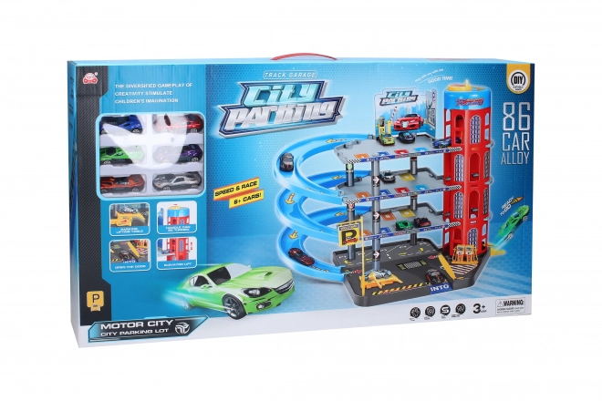 Parkeerplaats met 6 metalen auto's 55x40x44 cm