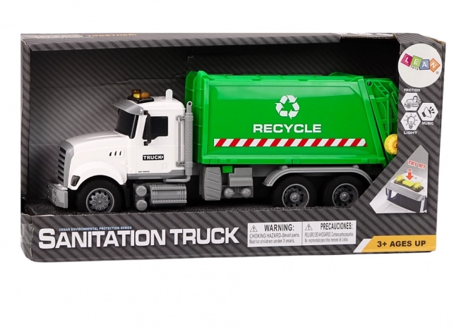 Wit-groene speelgoed vuilniswagen met licht- en geluidseffecten