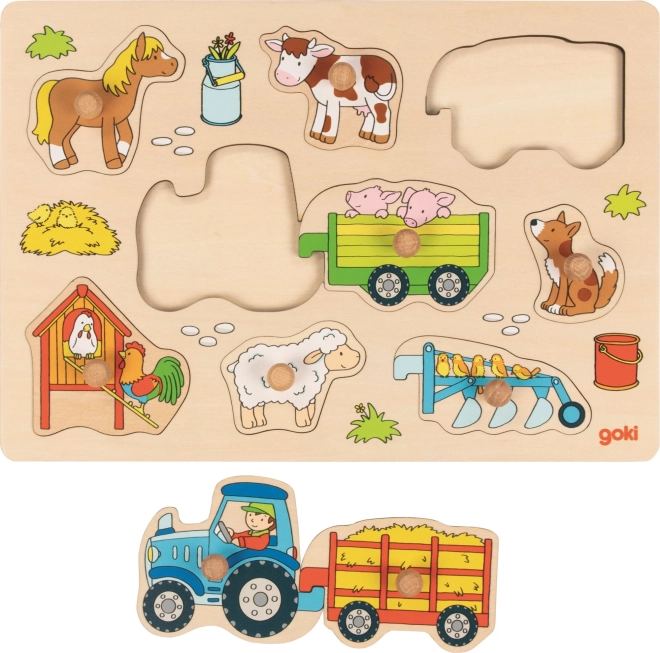 Goki houten inlegpuzzel tractor op de boerderij