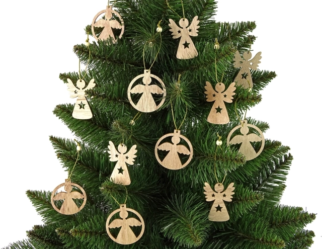 Christmas wooden angel ornaments for the tree, 12 pcs