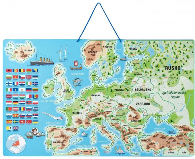 WOODY Magnetische kaart van Europa met afbeeldingen en gezelschapsspel, 3 in 1 in het Tsjechisch