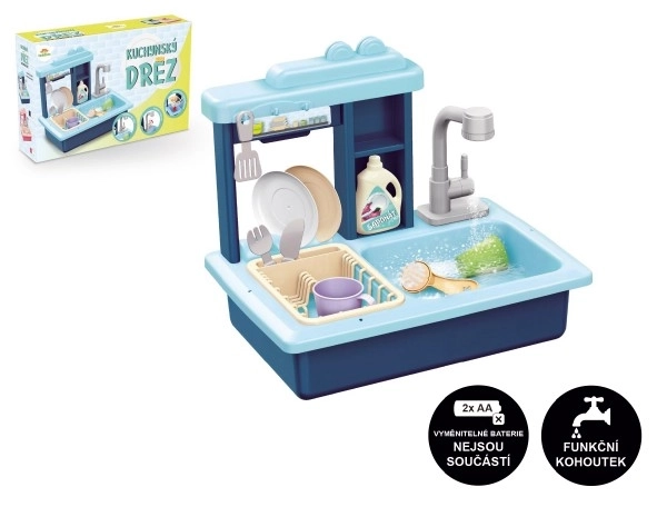 Blauwe kinderafwasbak met batterijgevoede kraan