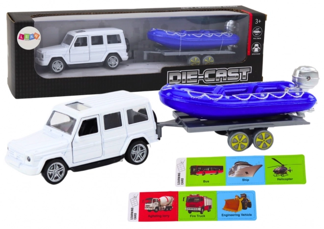 Terreinwagen met aanhanger en motorboot