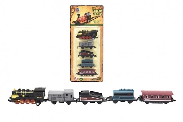 Trein/locomotief en wagens 5st metalen/plastic 8cm op terugtrekmechanisme 4 soorten op kaart