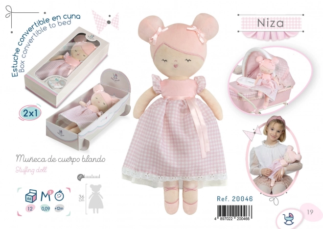DeCuevas 20046 Pluchen pop NIZA - 36 cm met wiegje