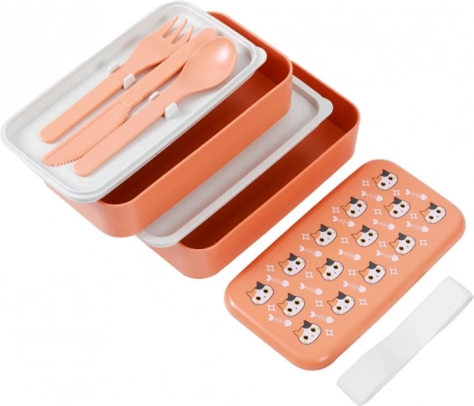 boîte déjeuner orange avec chat, cuillère et fourchette