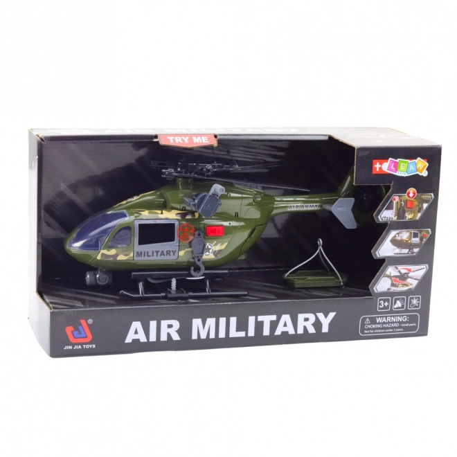 Militaire helikopter met schijnwerpers en geluiden