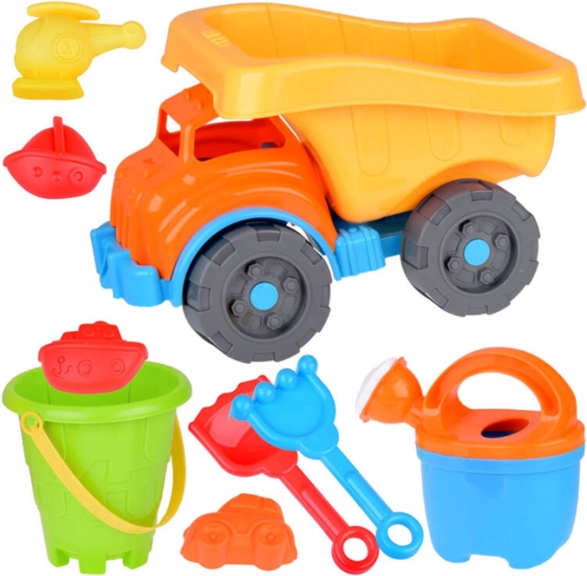 Grande set de camion-benne pour le sable avec moules, pelle et râteau