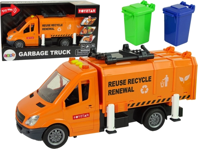 Oranje vuilniswagen met frictieaandrijving en geluidseffecten