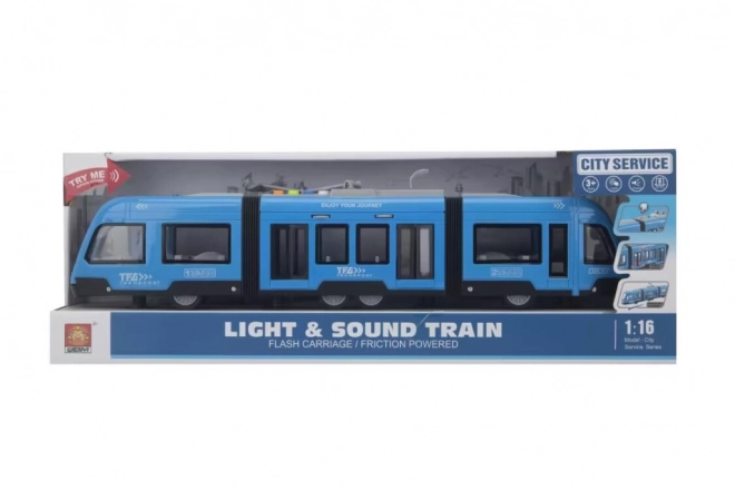 Tram op traagheidsmotor blauw schaal 1:16