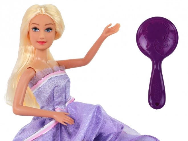 Kinderpop Lange blonde haren Kledingkast Schoenen Jurken Accessoires Paars