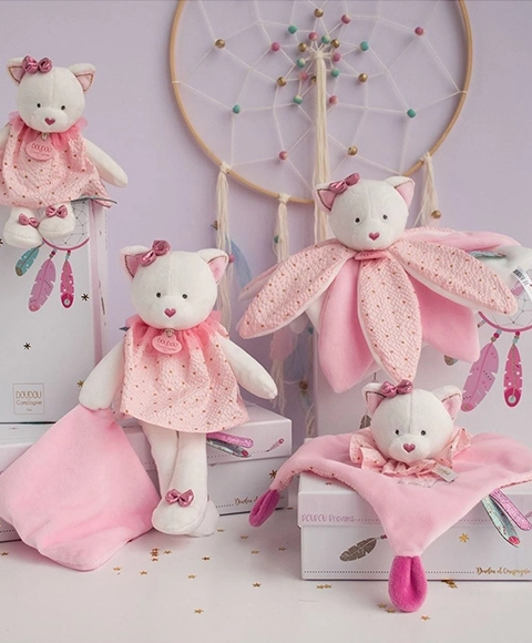 Cadeauset - roze pluchen knuffeldoek kat