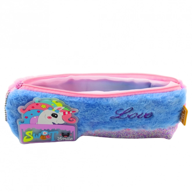 Plüsch-Federmäppchen mit Einhorn, blau mit glitzernden Elementen