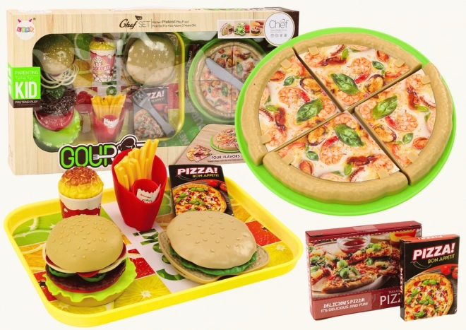 Kinderset fastfood – pizza, burgers, frietjes en accessoires, 24 stuks