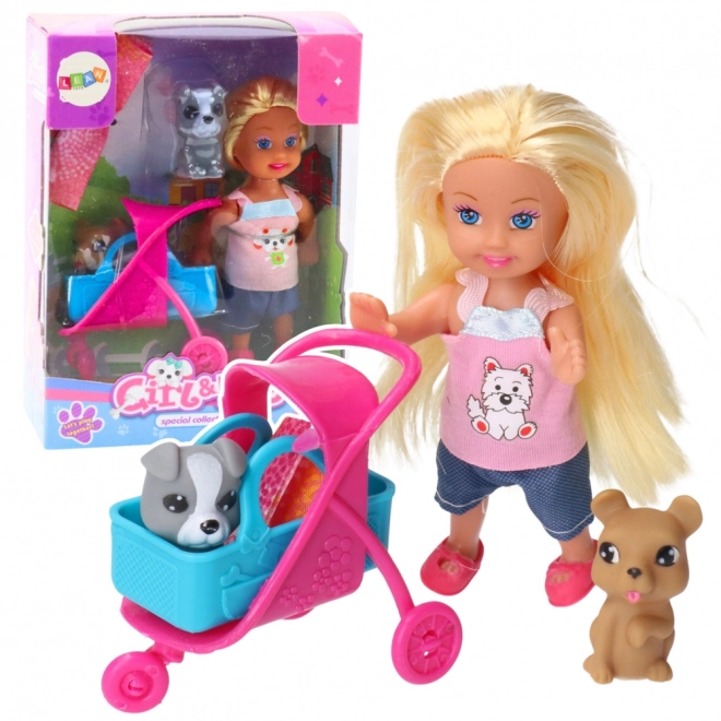 Set met mini pop, kinderwagen en hondjes