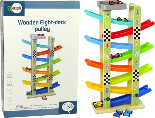 Piste de course en bois avec petites voitures, 8 étages
