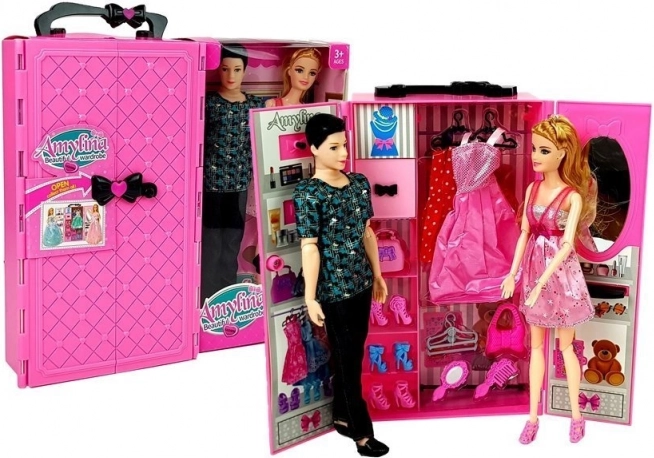 Puppen-Set Junge und Mädchen mit Kleiderschrank und Outfits im Koffer